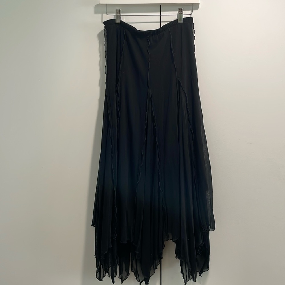 Black layered jaggedly asymmetric midi skirt SMALL black gypsy skirt